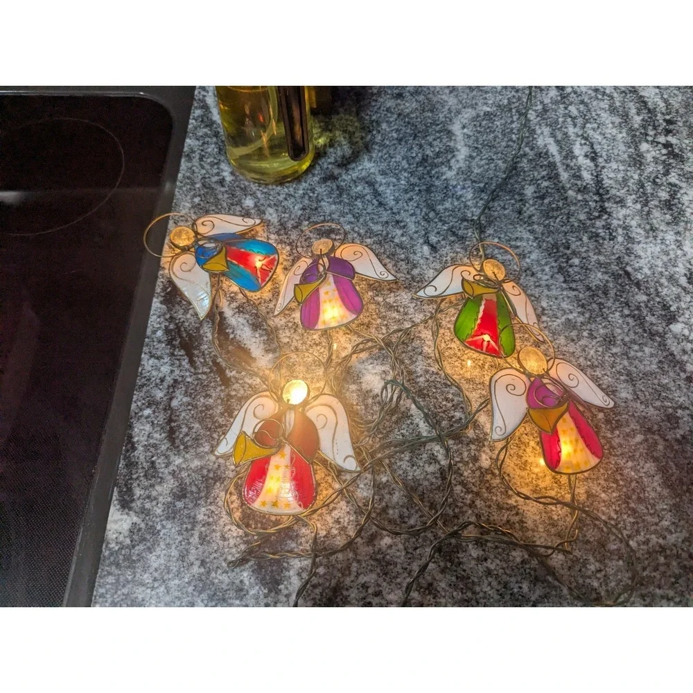 Vintage Multicolor Capiz & Wire Angel Playing Trumpets String Lights 5 Angels